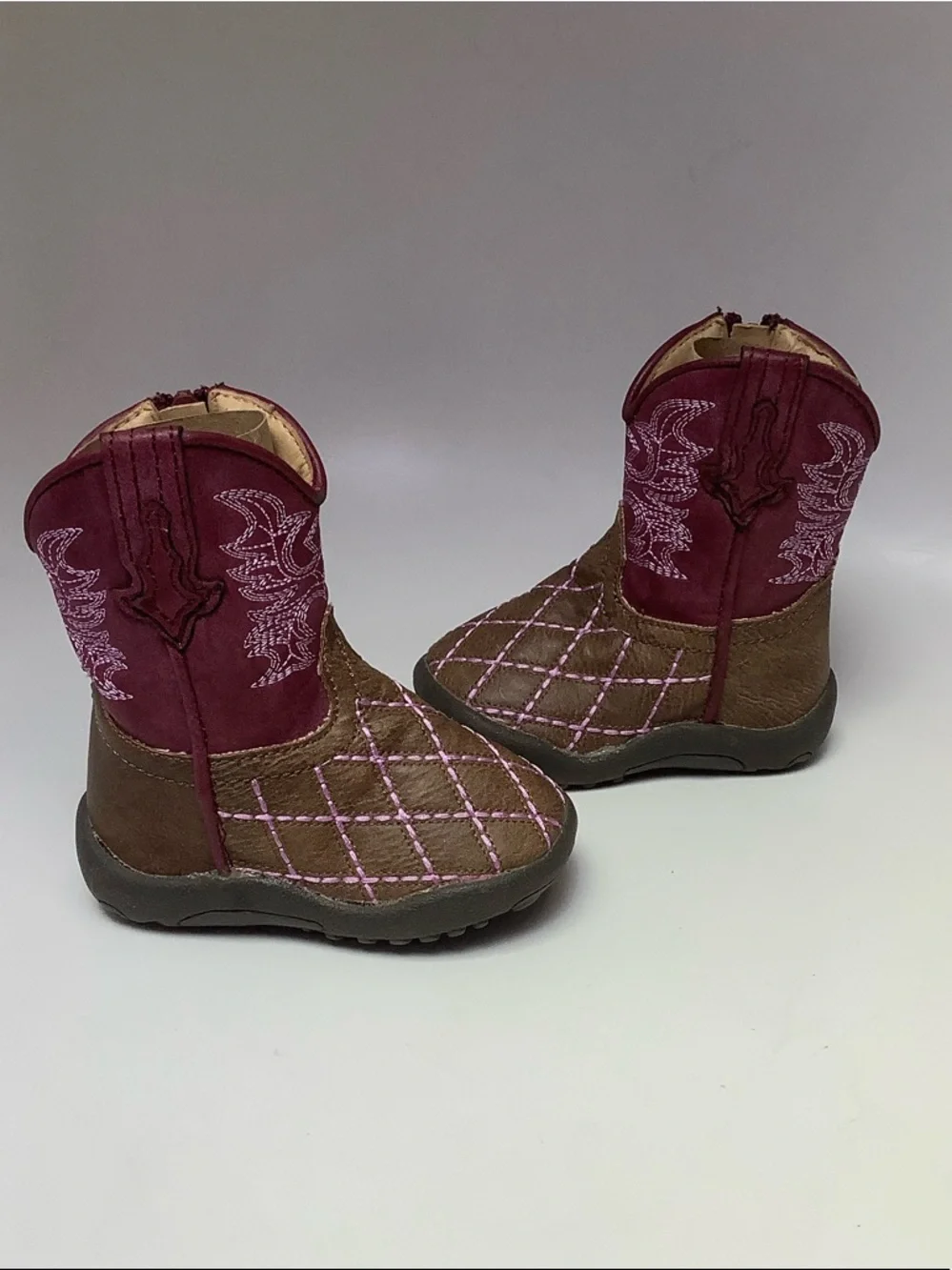 Roper Cowbabies Brown Burgundy Western-Style Boots Pink Stitching Baby Size 3